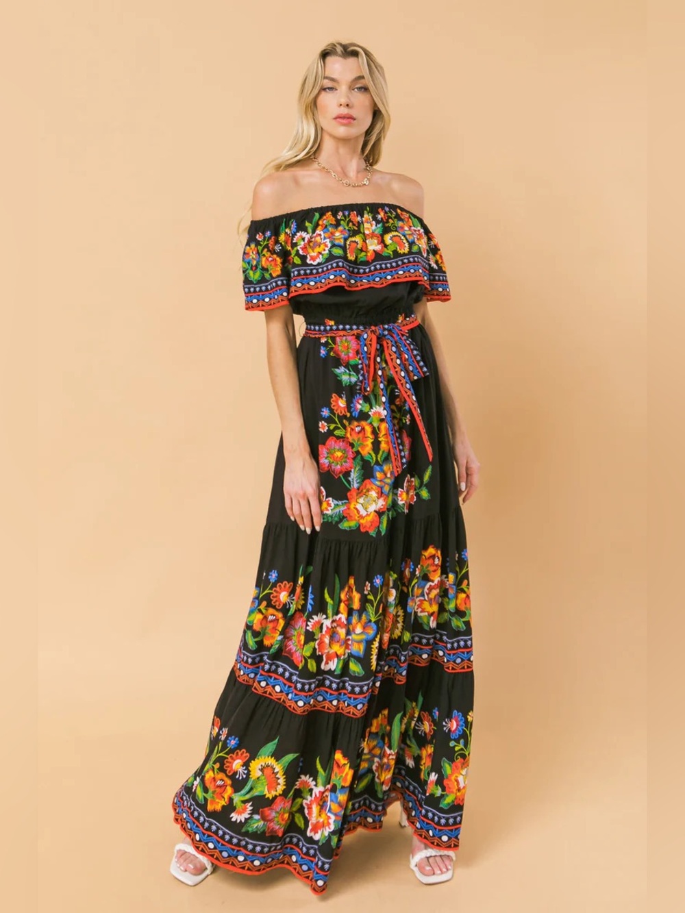Flying Tomato Poetic Love Print Black Off-Shoulder Floral Maxi‎ Dress in Large